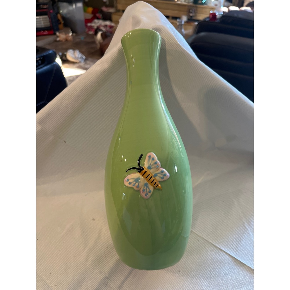 Vintage Green Ceramic Butterfly Bud Vase 10 Inch Raised Relief Glossy Decor
